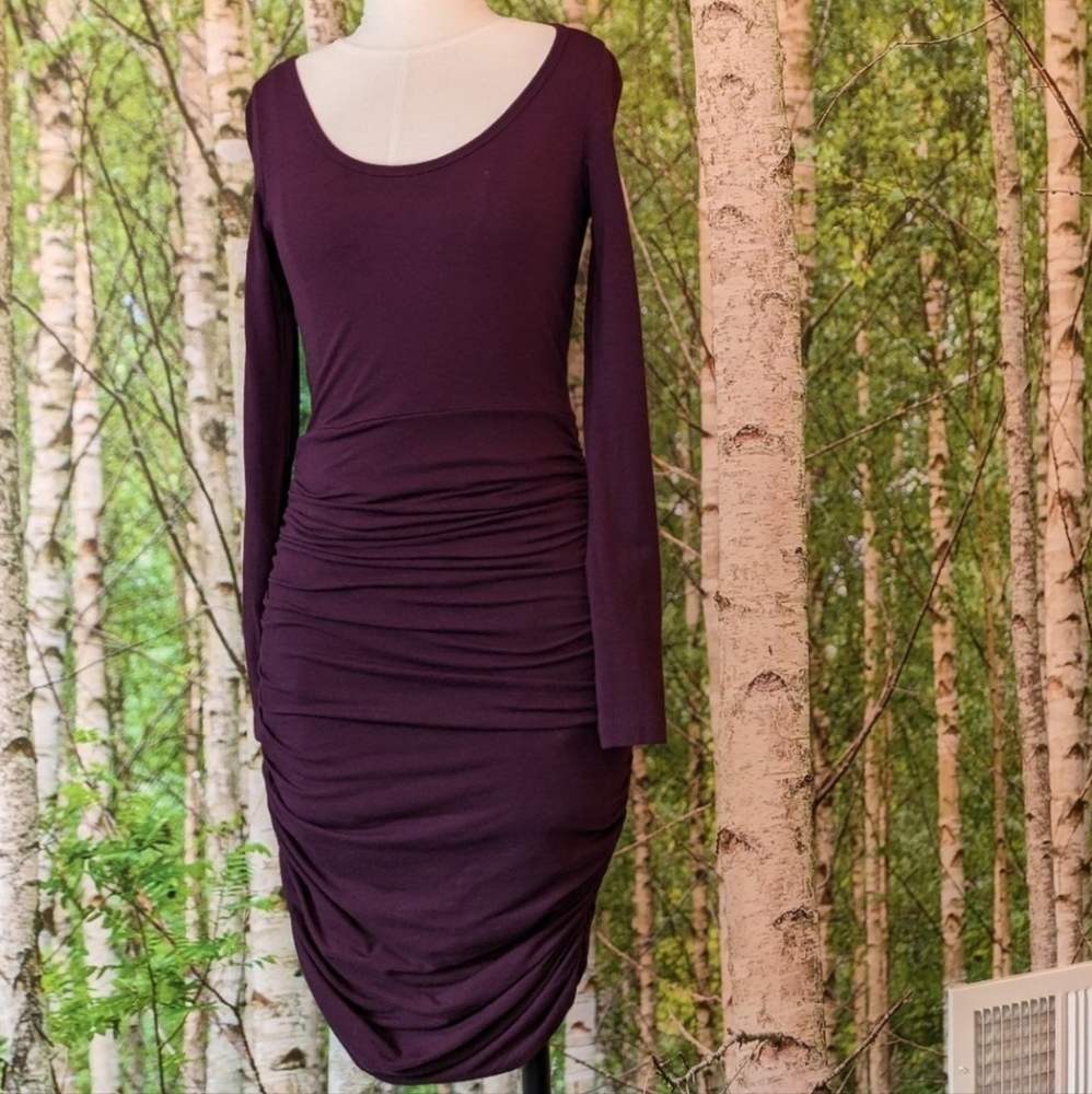 Express eggplant ruched drape knit modal jersey midi bodycon dress